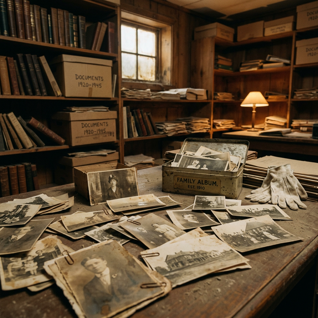 Collection of vintage black and white family photographs on a wooden table with archive boxes and gloves